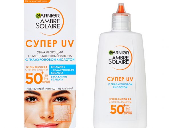 Флюид для лица `GARNIER` AMBRE SOLAIRE СУПЕР UV увлажняющий солнцезащитный с гиалуроновой кислотой SPF 50+ 40 мл