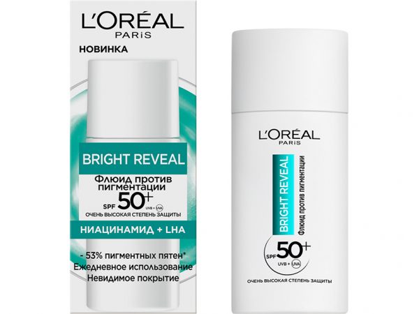 Флюид для лица `LOREAL` BRIGHT REVEAL SPF-50+ ниацинамид + LHA (против пигментации) 50 мл